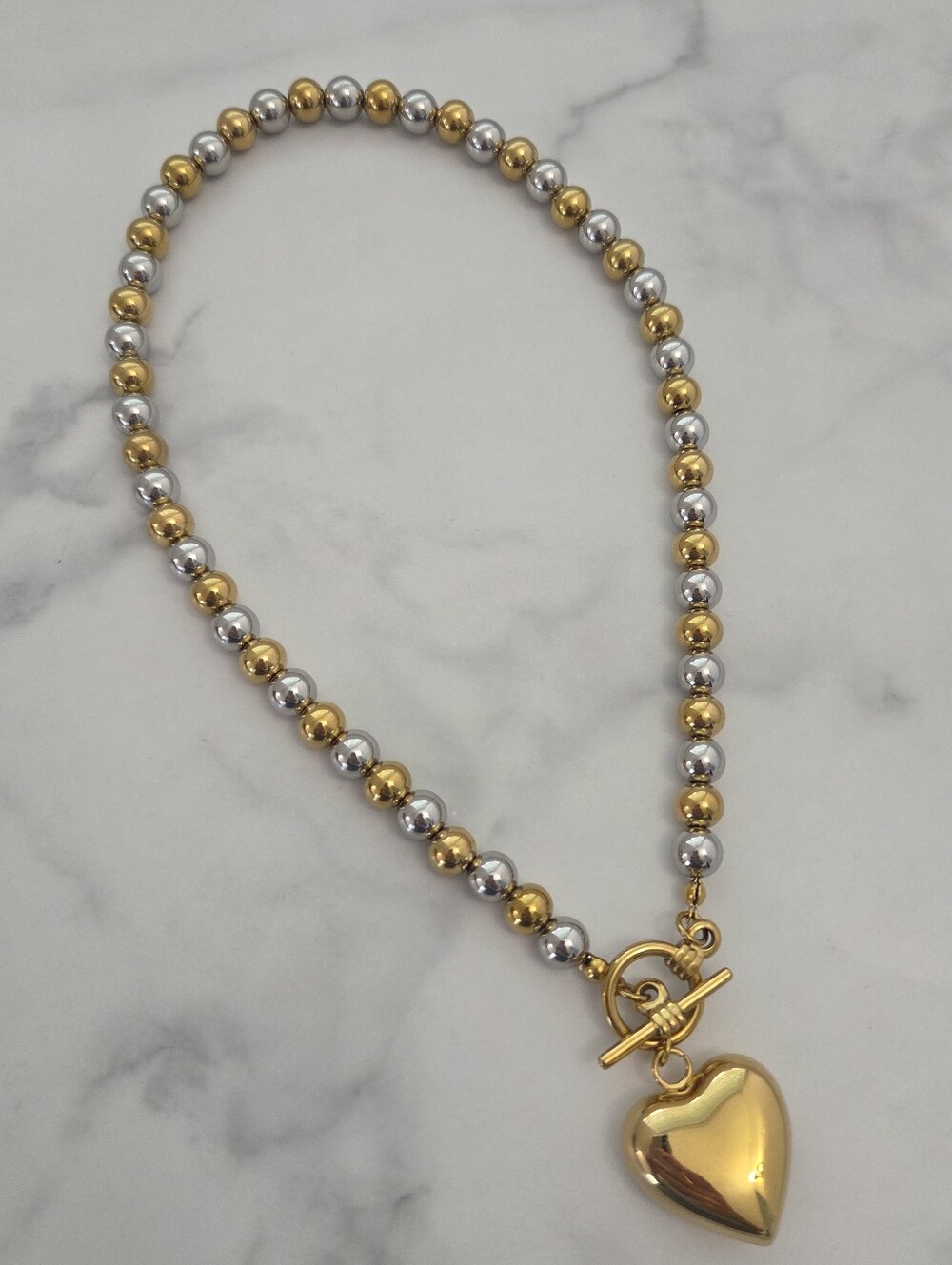 Two Tone Gold Silver Beaded Heart Pendant Toggle Necklace - Picture 5 of 14